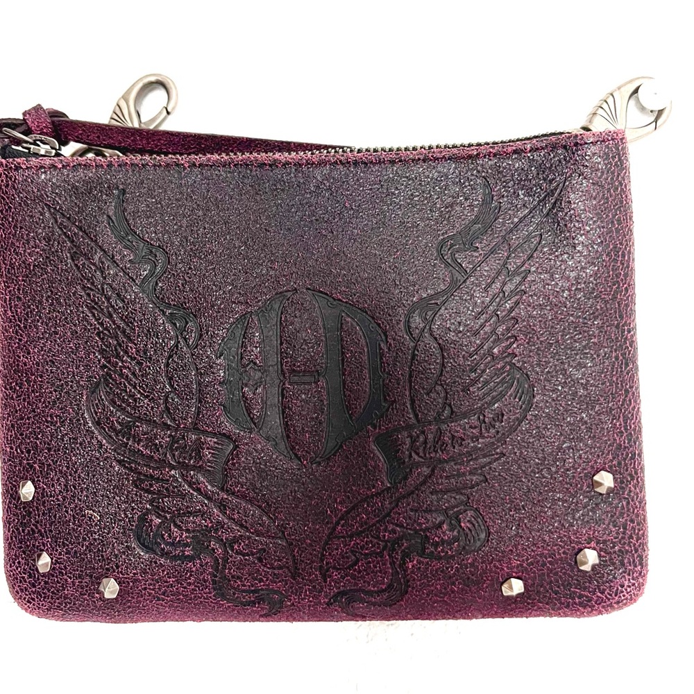 HD BIKER BAG all leather deep purple black distressed studded convertible bag - Picture 11 of 13